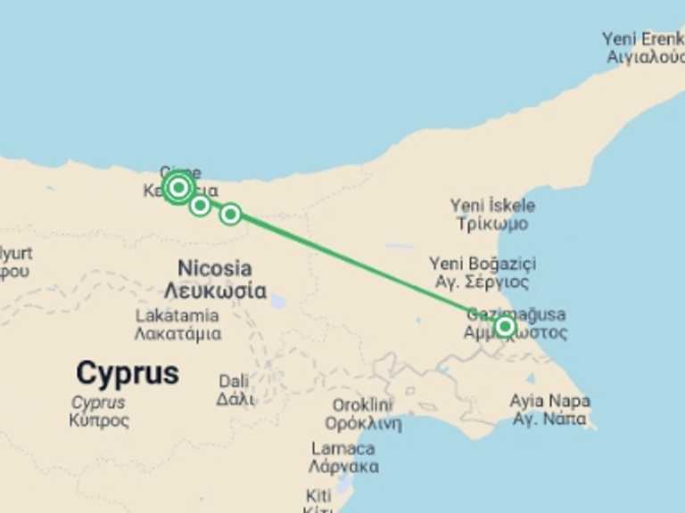 Map itinerary of Europe Tour in May 2026 with 4 destination visits for the trip: Walking in Northern Cyprus