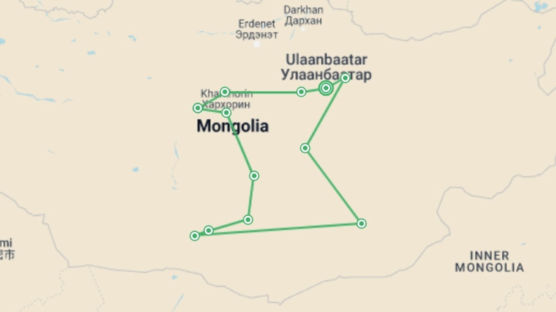 A map showing the tour itinerary for the trip: Mongolian Odyssey: Gobi Trails 15 Days, starting in Ulaanbaatar, Mongolia and ending in Ulaanbaatar, Mongolia going through 7 other destinations.