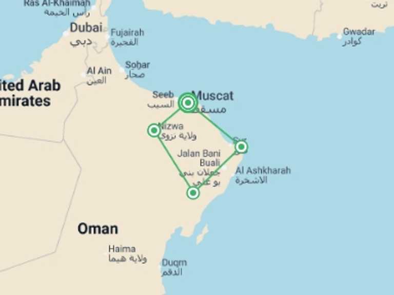 Map itinerary of Asia Tour in January 2027 with 4 destination visits for the trip: Highlights of Oman