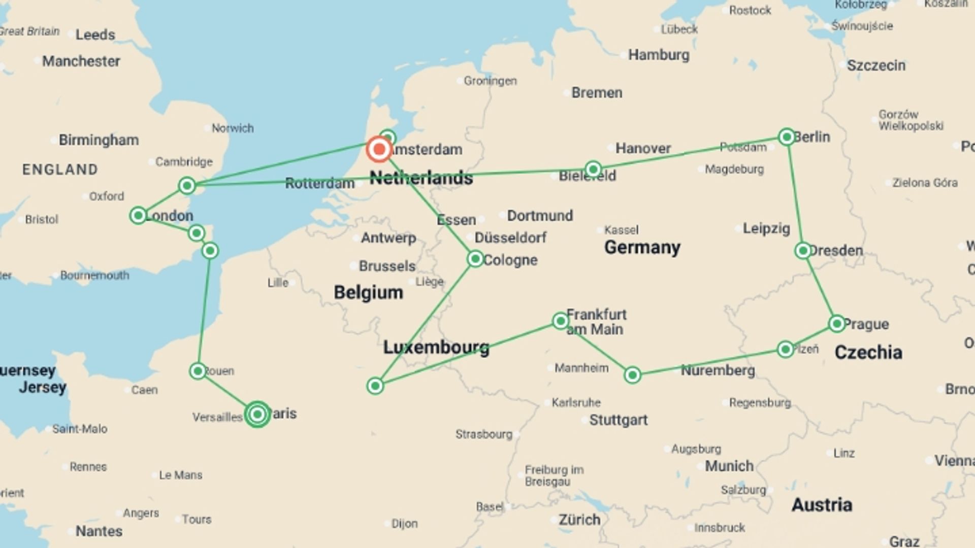 A map showing the tour itinerary for the trip: Round Europe, starting in Paris, France and ending in Amsterdam, Holland going through 7 other destinations.