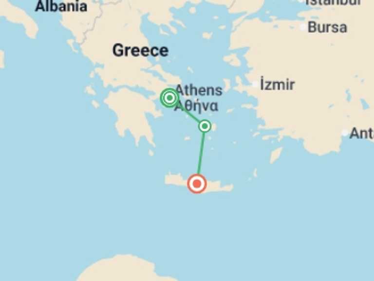 Map itinerary of Greece Tour in July 2027 with 3 destination visits for the trip: Greece Family Journey: Stories of the Past