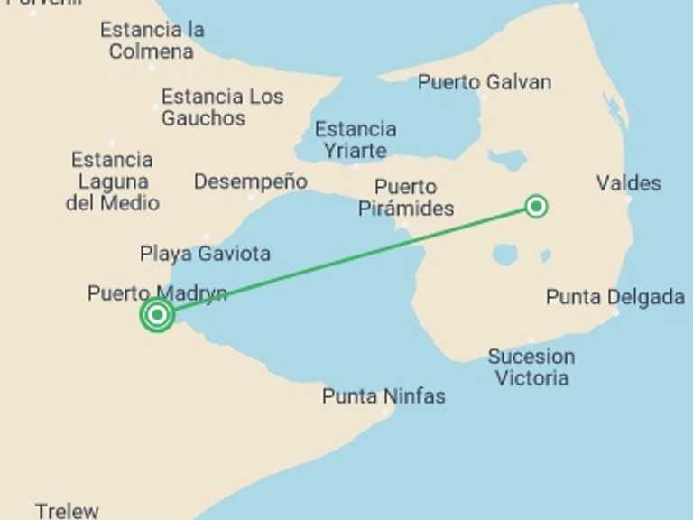 Map itinerary of Patagonia Tour in Winter with 2 destination visits for the trip: 4-Day Puerto Madryn Tour