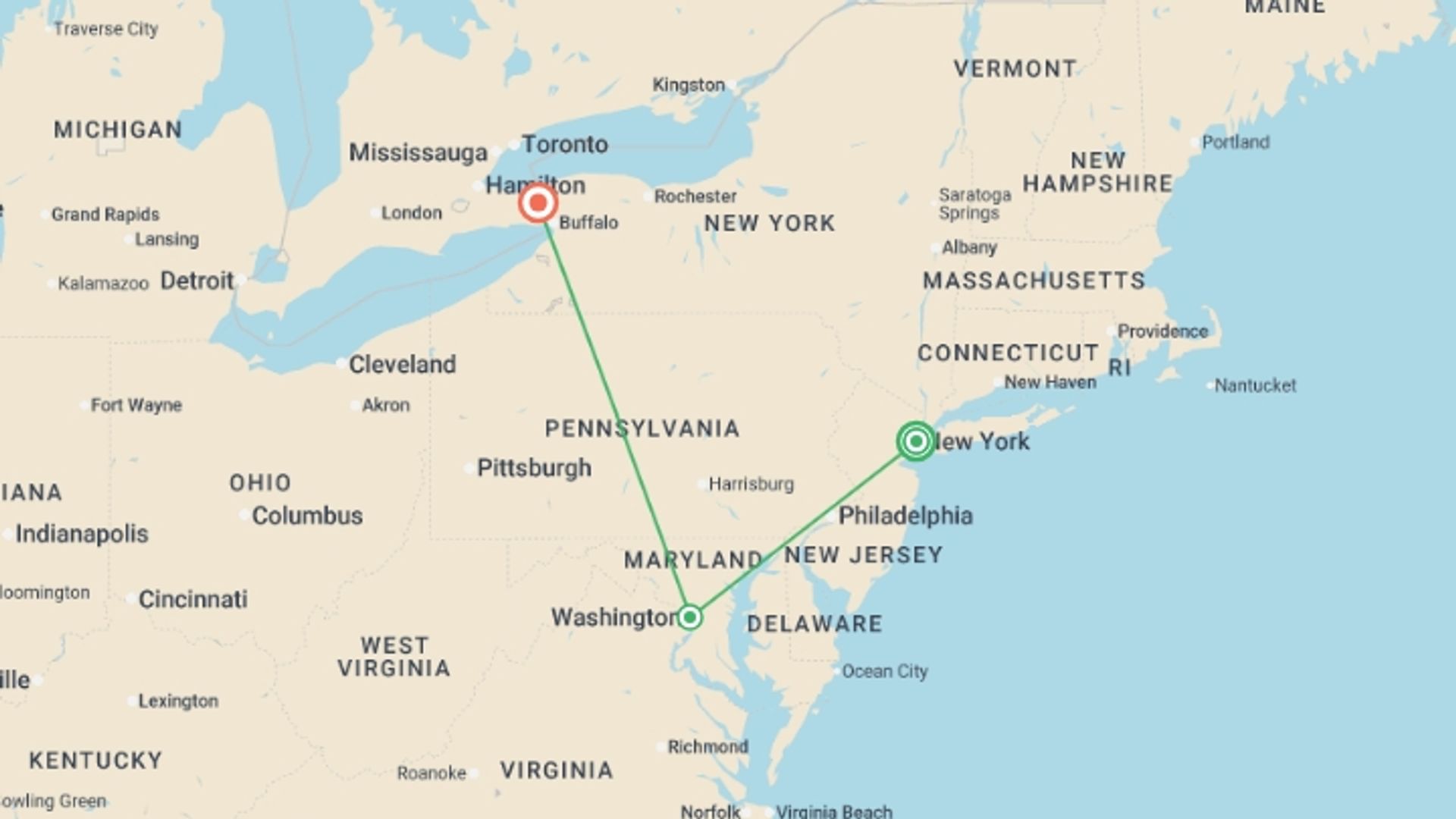 A map showing the tour itinerary for the trip: Exciting Eastern Coast of America, starting in New York, USA and ending in New York, USA going through 2 other destinations.