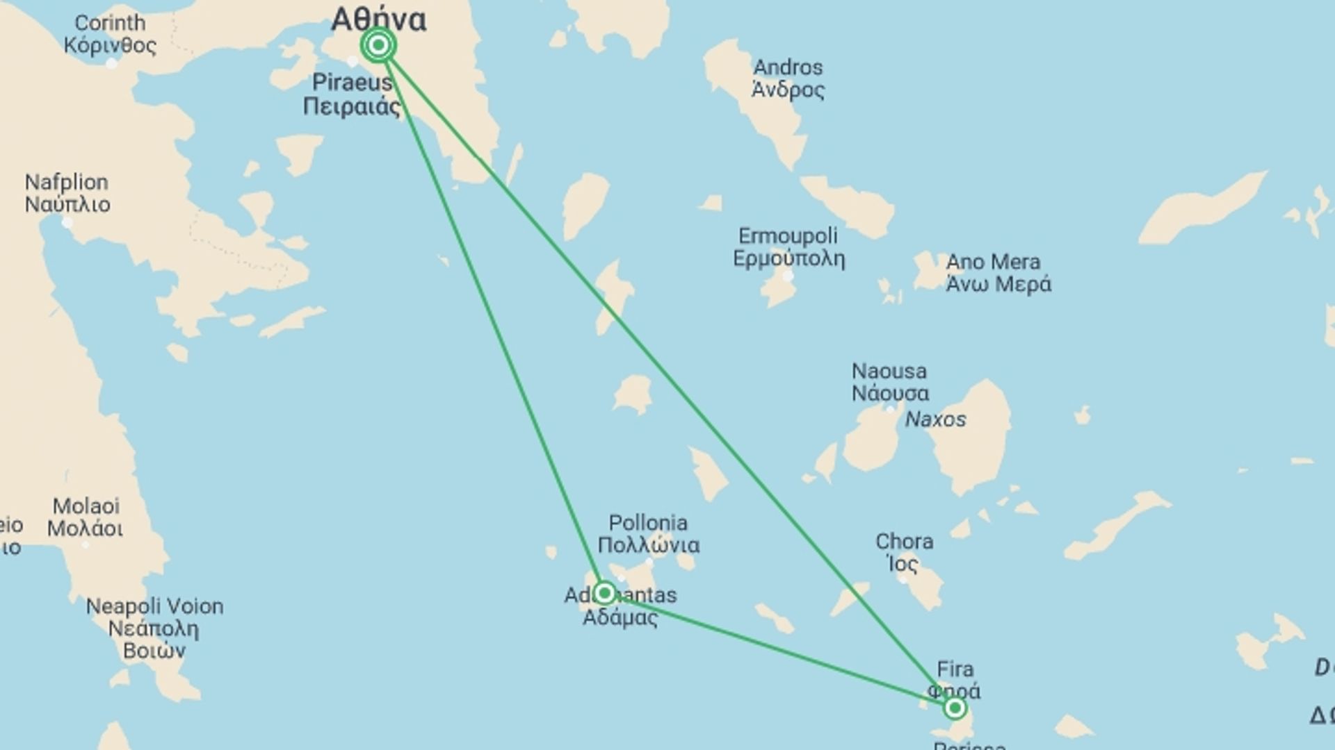 A map showing the tour itinerary for the trip: Cyclades Highlights, starting in Athens, Greece and ending in Athens, Greece going through 2 other destinations.