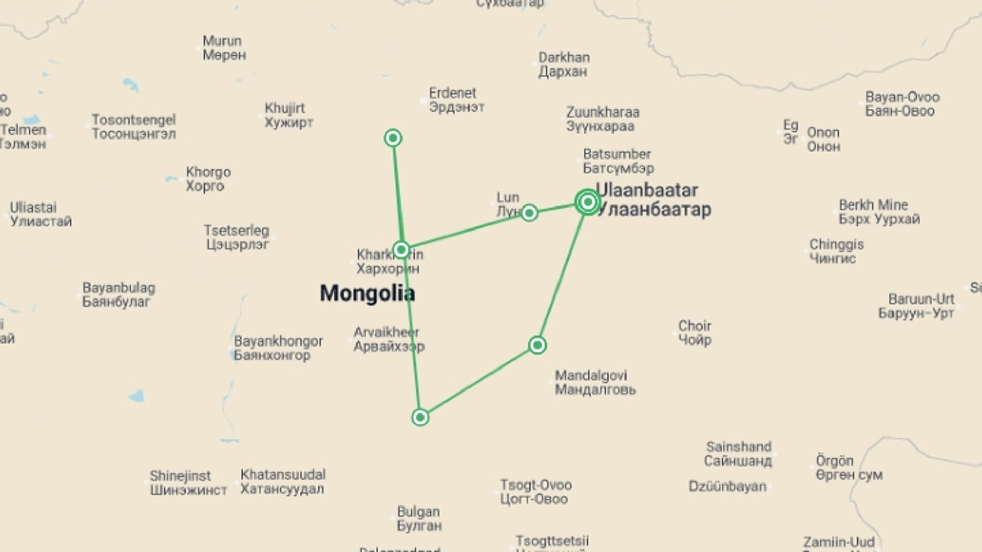 A map showing the tour itinerary for the trip: Journeys: Mongolia & The Naadam Festival, starting in Ulaanbaatar, Mongolia and ending in Ulaanbaatar, Mongolia going through 5 other destinations.