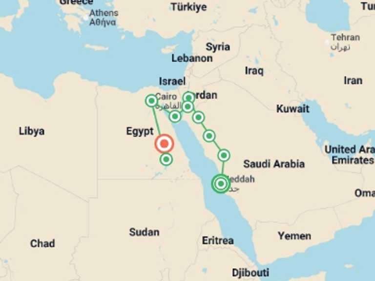 Map of Mediterranean City sightseeing Tour with 10 destination visits for the trip: Arabia, Jordan and Secrets of the Nile