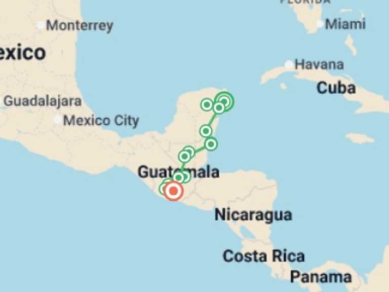 Map itinerary of North America Tour in June 2026 with 14 destination visits for the trip: CENTRAL AMERICA INTRO