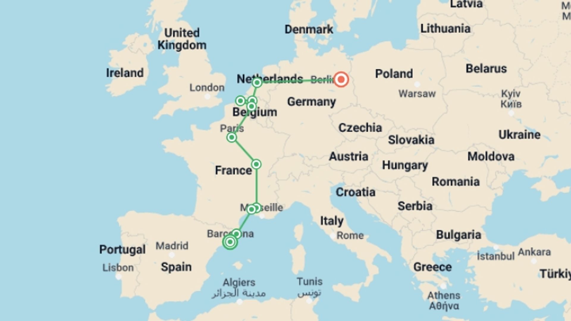 A map showing the tour itinerary for the trip: Barcelona to Berlin, starting in Barcelona, Spain and ending in undefined, Germany going through 5 other destinations.