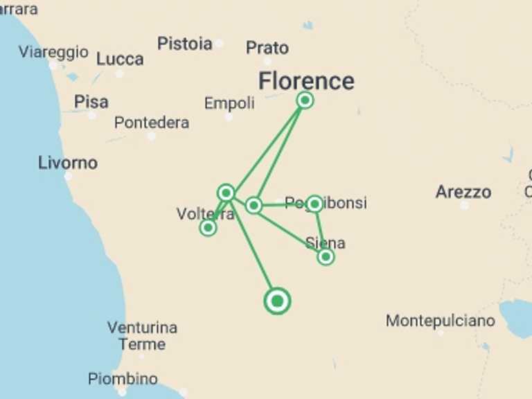 Map of Italy Active and outdoor Tour with 7 destination visits for the trip: Discover Tuscany: Culture, Food & Wine