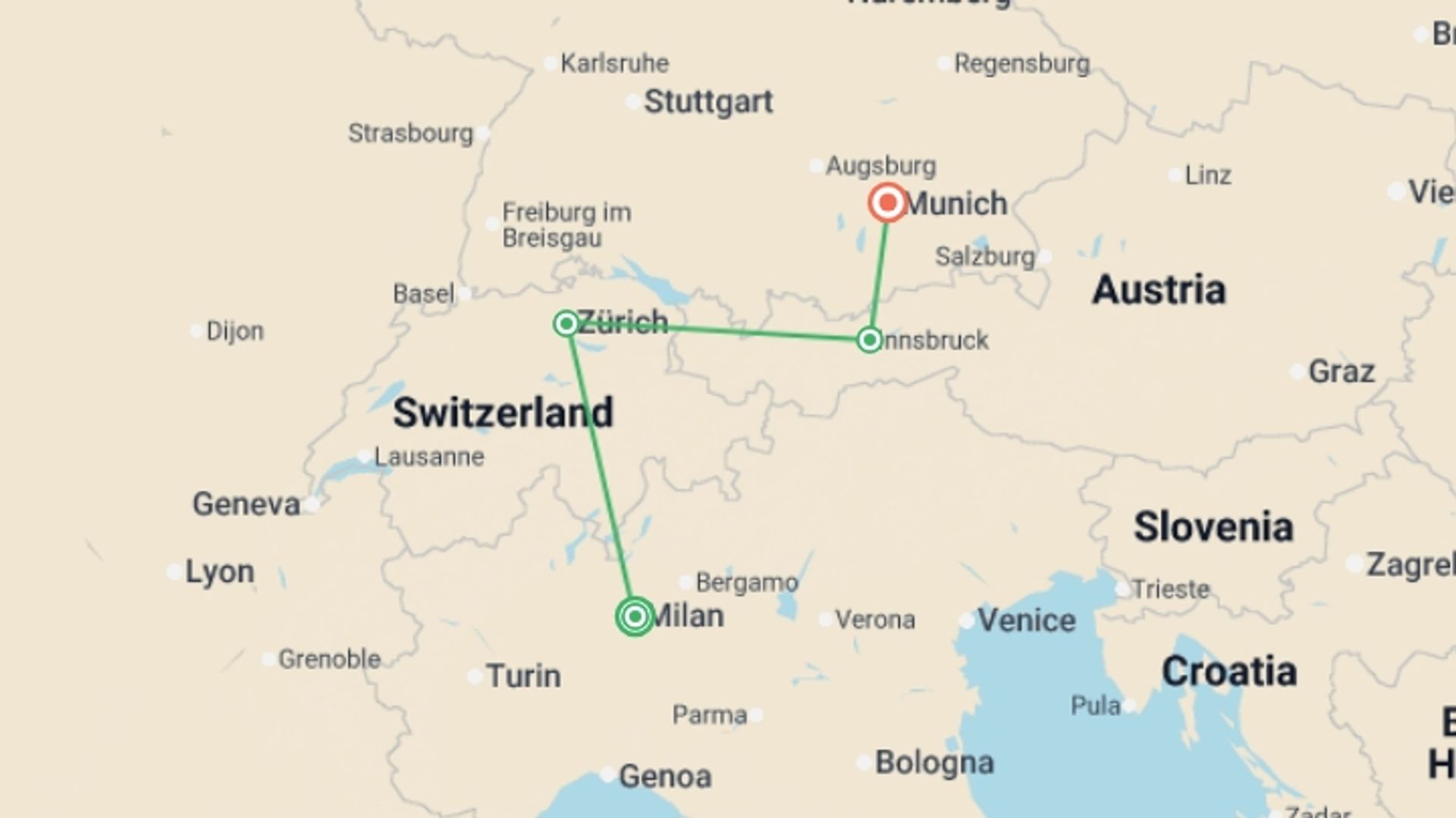 A map showing the tour itinerary for the trip: The Alpine Panorama Rail Tour, starting in Milan, Italy and ending in Munich, Germany going through 2 other destinations.