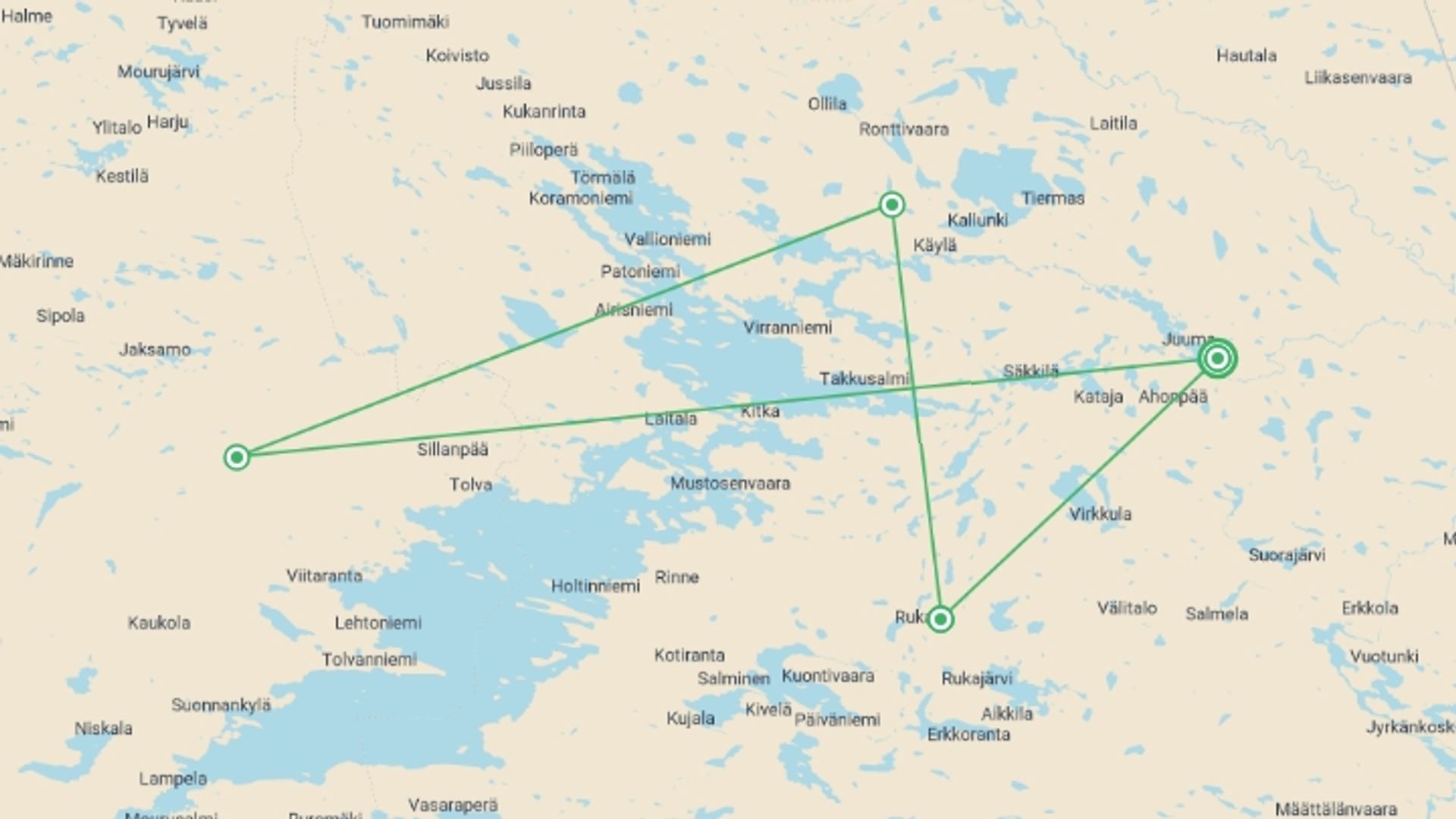A map showing the tour itinerary for the trip: Finland Family Winter Adventure, starting in Basecamp Oulanka, Finland and ending in Basecamp Oulanka, Finland going through 4 other destinations.