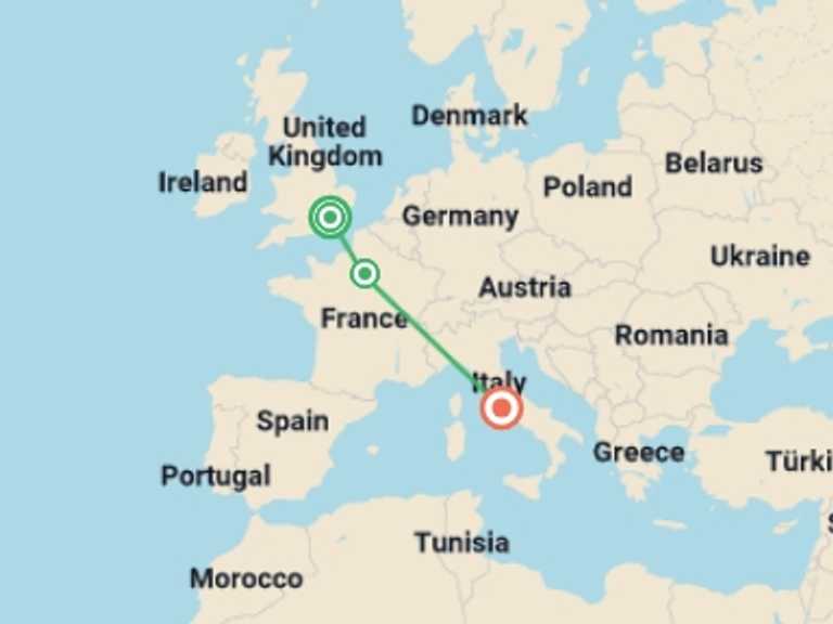 Map itinerary of Mediterranean Tour in November 2026 with 3 destination visits for the trip: London Paris and Rome City Package