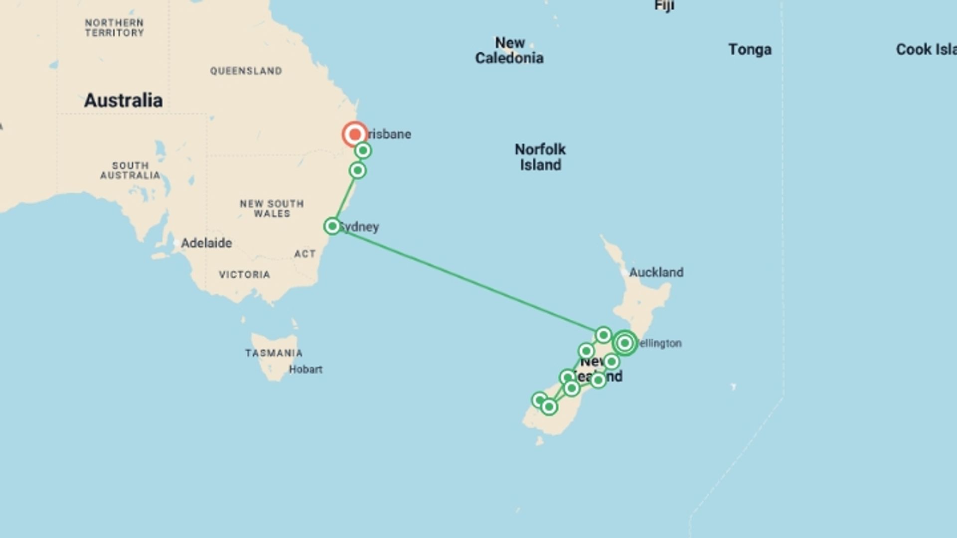 A map showing the tour itinerary for the trip: Australia And New Zealand: Bushwalks & Beaches, starting in Wellington, New Zealand and ending in Brisbane, Australia going through 10 other destinations.