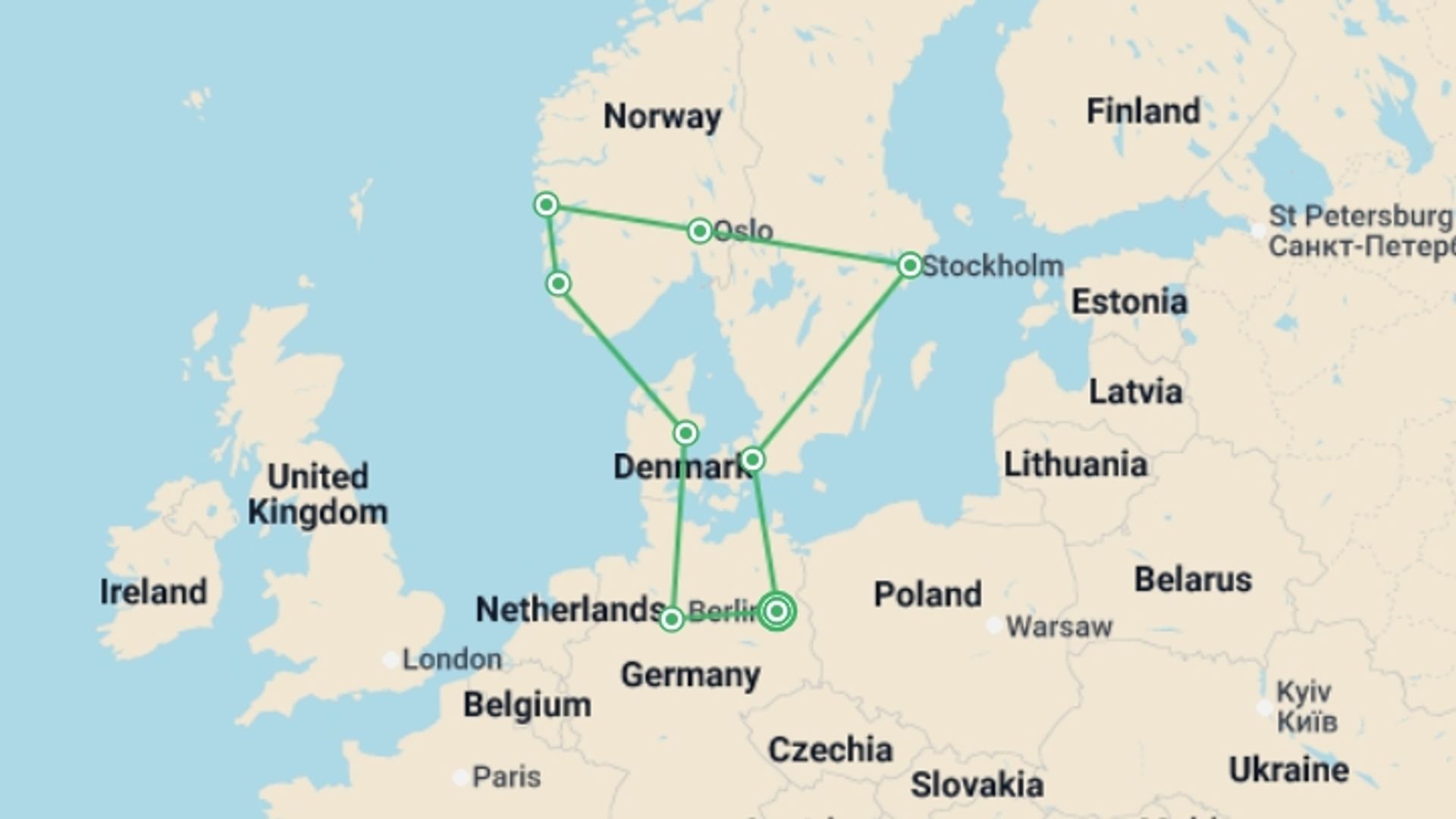 A map showing the tour itinerary for the trip: Northern Germany and Scandinavia with Berlin, starting in Berlin, Germany and ending in Berlin, Germany going through 7 other destinations.