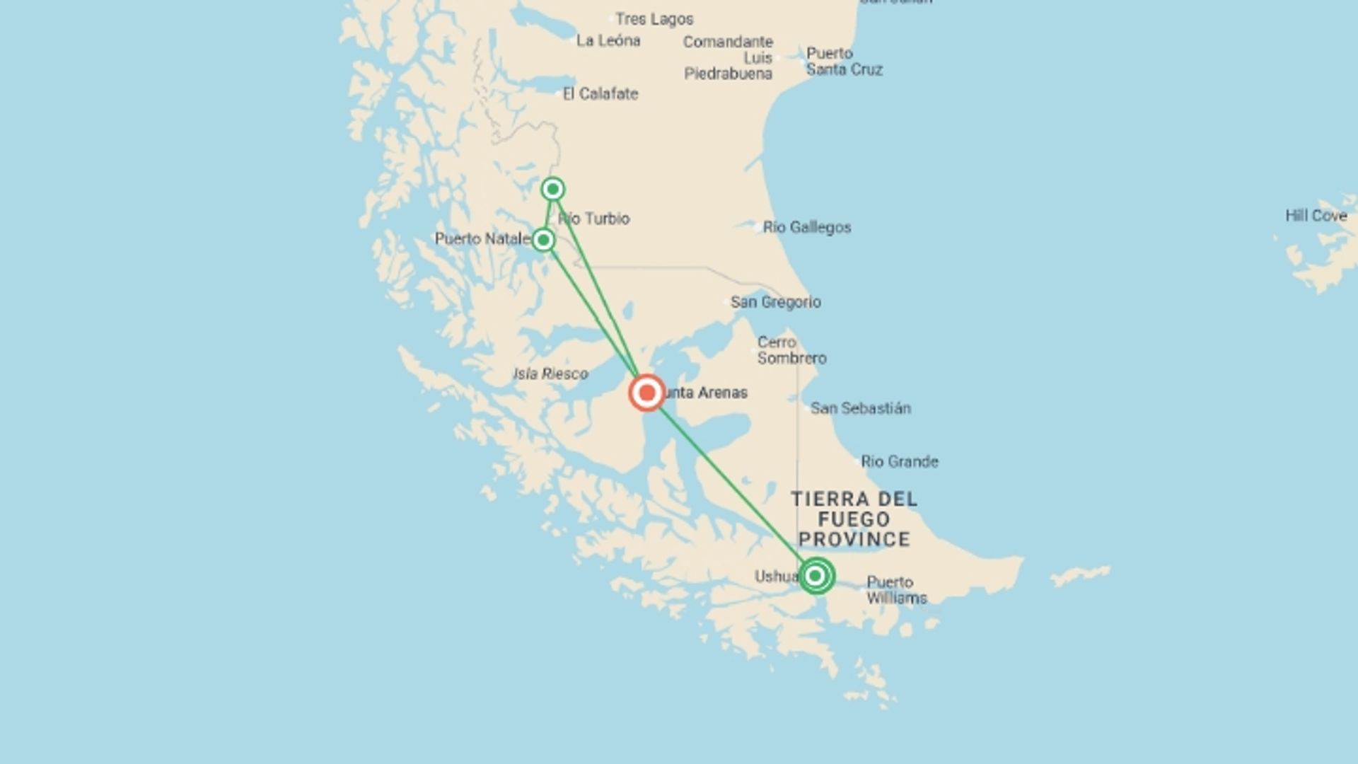 A map showing the tour itinerary for the trip: Southernmost Patagonia Jewels, GROUP TOURS, starting in Ushuaia, Argentina and ending in Punta Arenas, Chile going through 4 other destinations.
