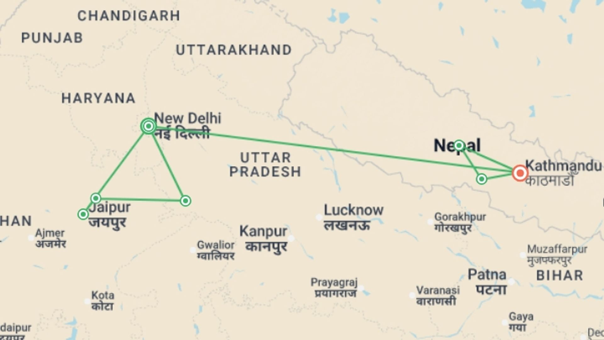 A map showing the tour itinerary for the trip: India & Nepal Adventure, starting in New Delhi, India and ending in Kathmandu, Nepal going through 5 other destinations.