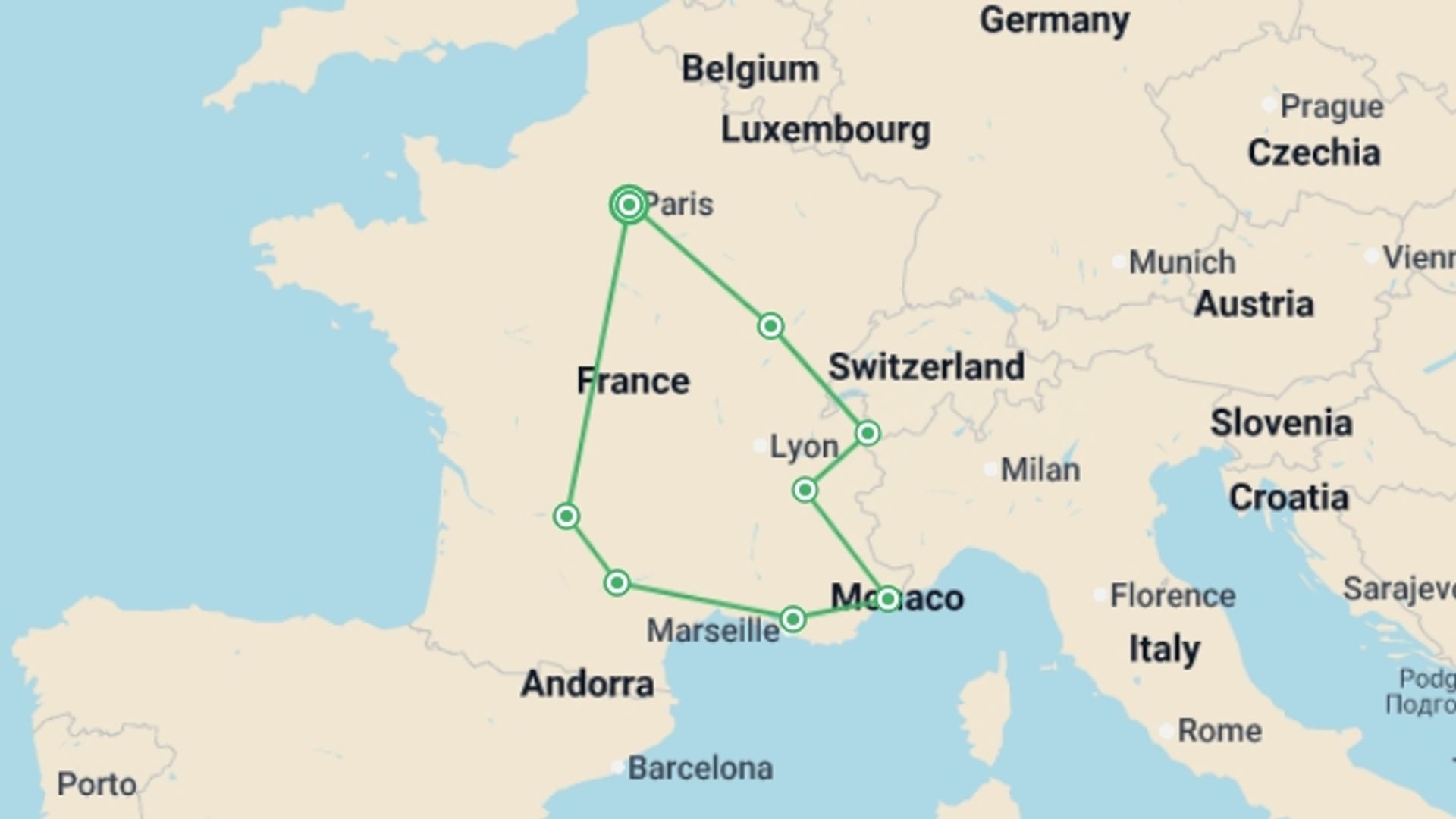 A map showing the tour itinerary for the trip: Country Roads of France, starting in Paris, France and ending in Paris, France going through 7 other destinations.