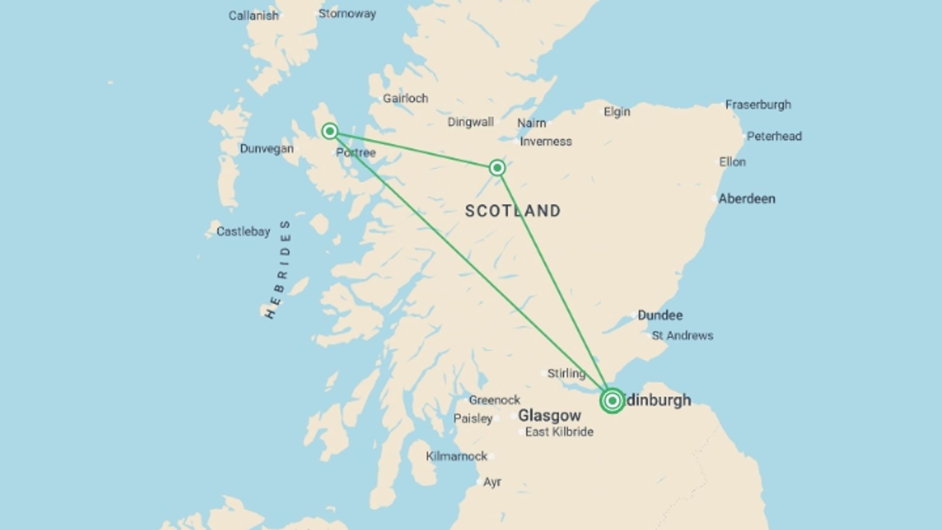 A map showing the tour itinerary for the trip: Wild Skye & Loch Ness Hunter, starting in Edinburgh, Scotland and ending in Edinburgh, Scotland going through 3 other destinations.