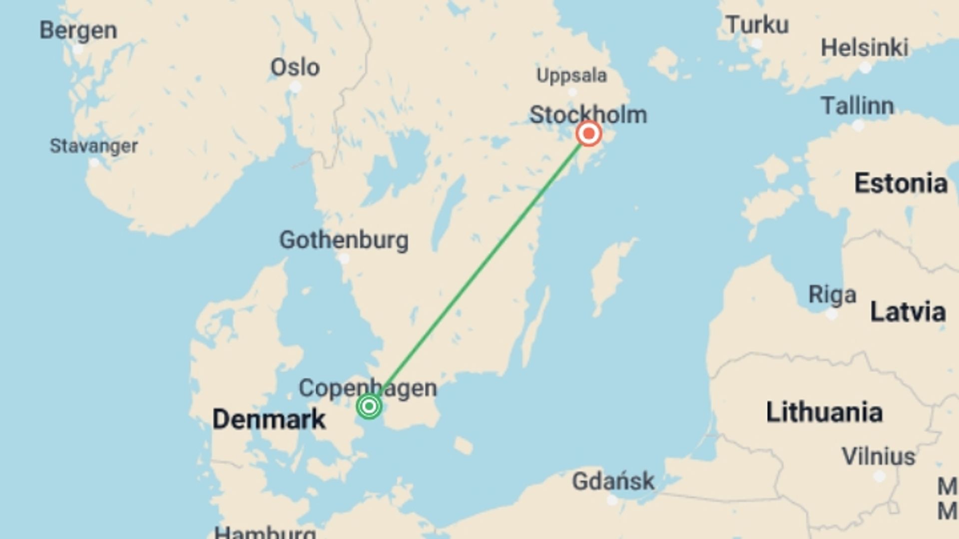 A map showing the tour itinerary for the trip: Discover Copenhagen and Stockholm, starting in Copenhagen, Denmark and ending in Stockholm, Sweden going through 2 other destinations.