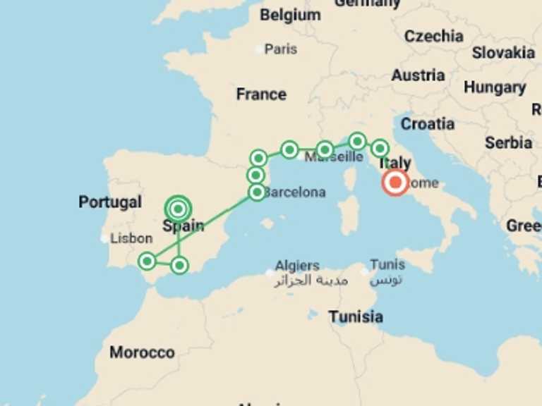 Map itinerary of Nice Tour in May 2027 with 11 destination visits for the trip: Madrid to Rome