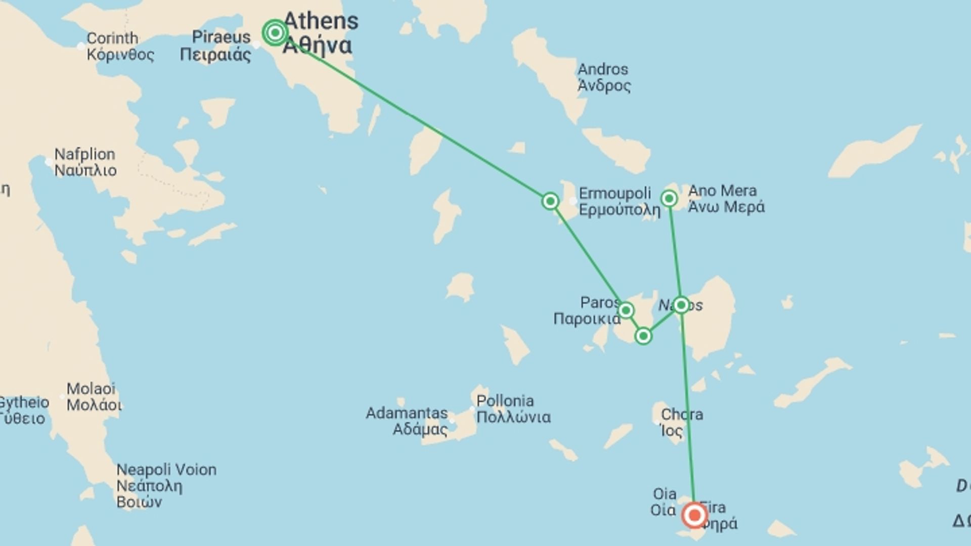 A map showing the tour itinerary for the trip: Greek Island Wanderer, starting in Athens, Greece and ending in Santorini, Greece going through 4 other destinations.