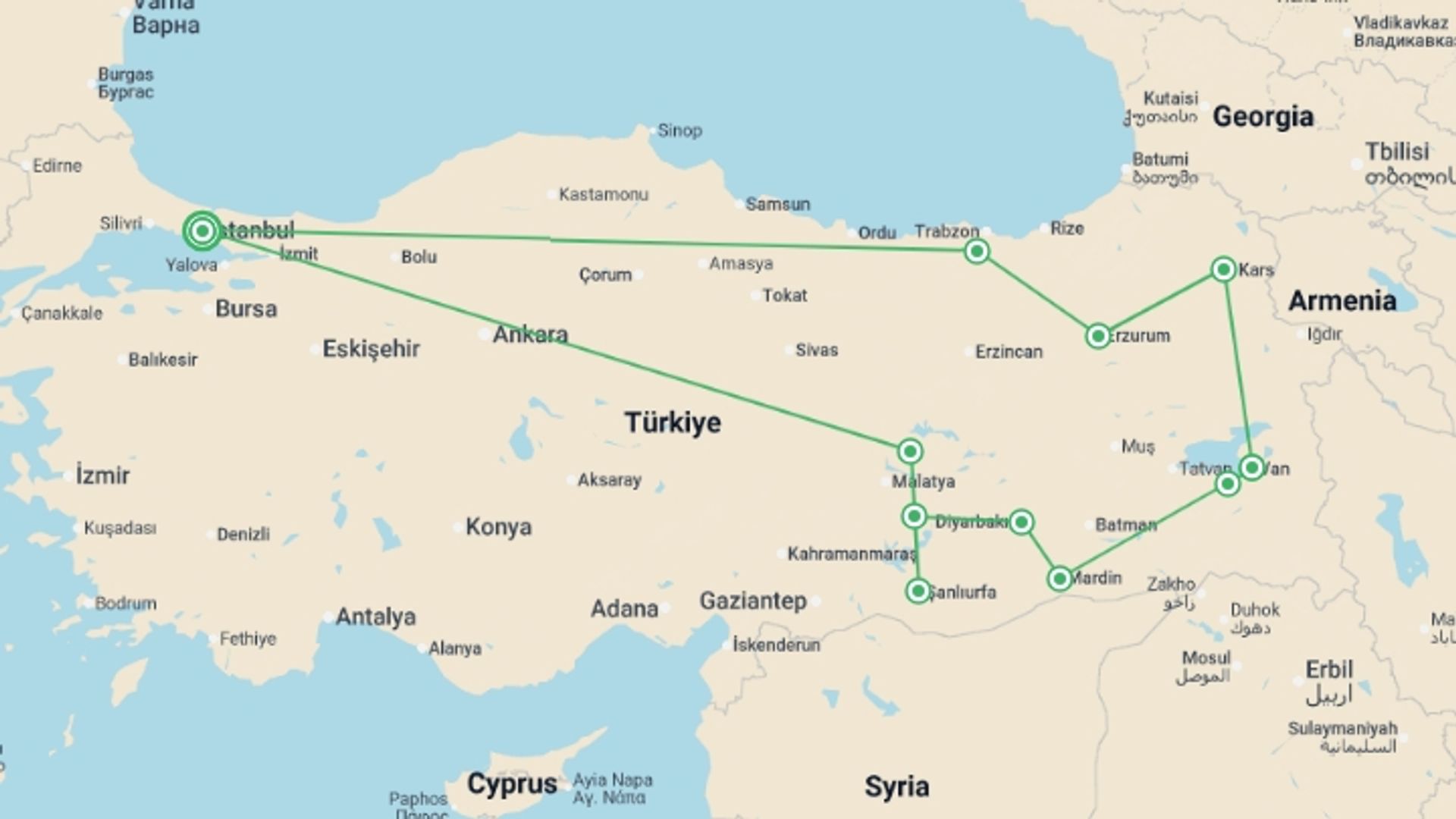 A map showing the tour itinerary for the trip: Eastern Turkey From Istanbul - 14 days, starting in Istanbul, Turkey and ending in Istanbul, Turkey going through 10 other destinations.