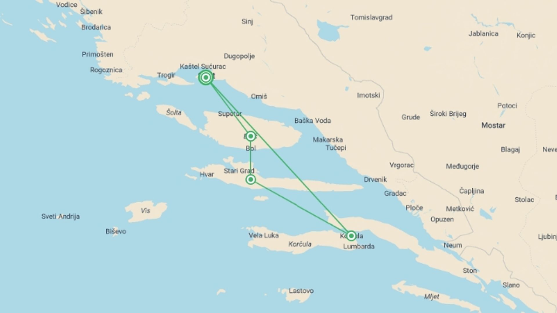 A map showing the tour itinerary for the trip: Croatia Family Island Hopping, 11 Days, starting in Split, Croatia and ending in Split, Croatia going through 3 other destinations.