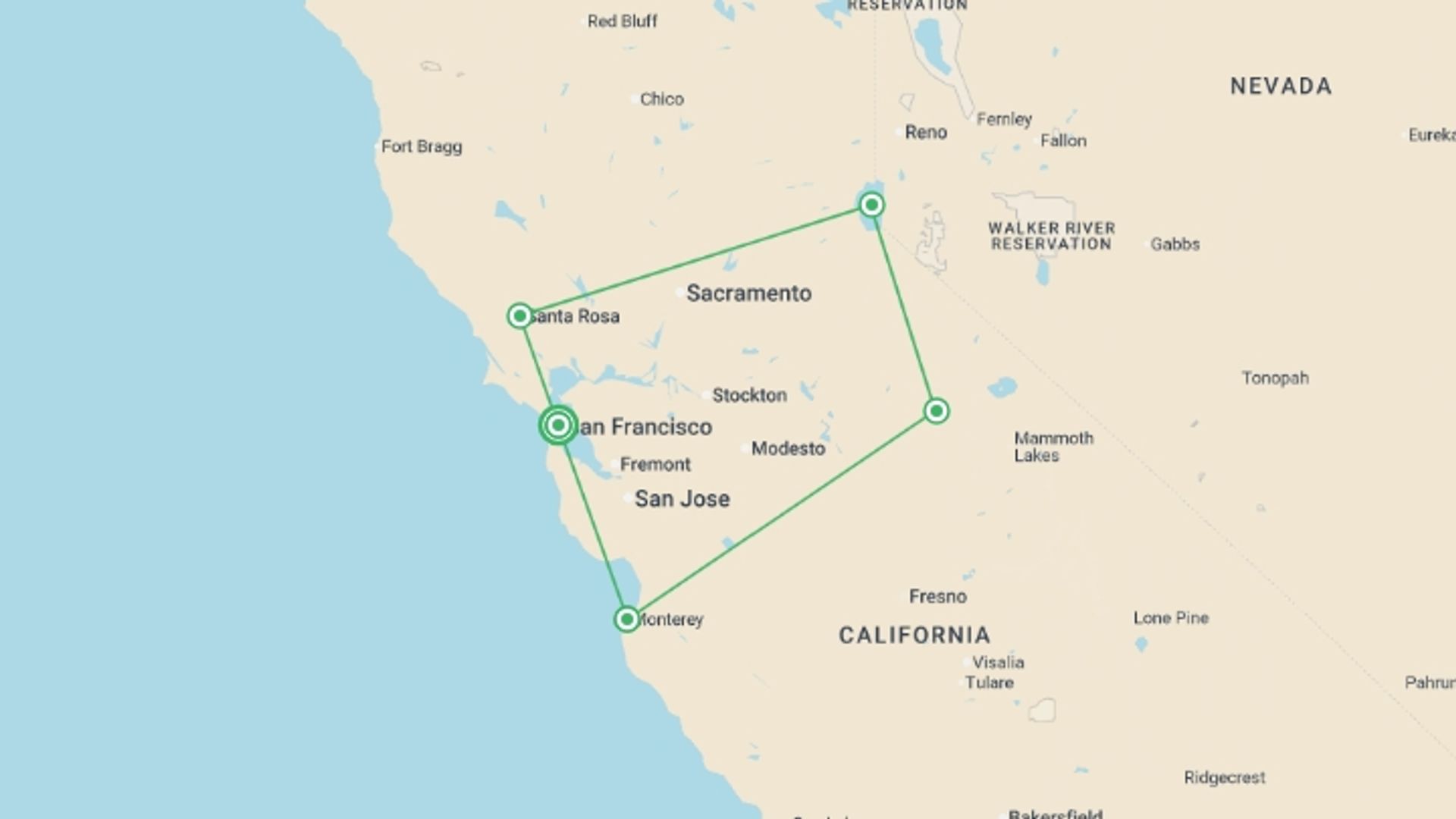 A map showing the tour itinerary for the trip: Northern California with Yosemite National Park, starting in San Francisco, USA and ending in San Francisco, USA going through 4 other destinations.