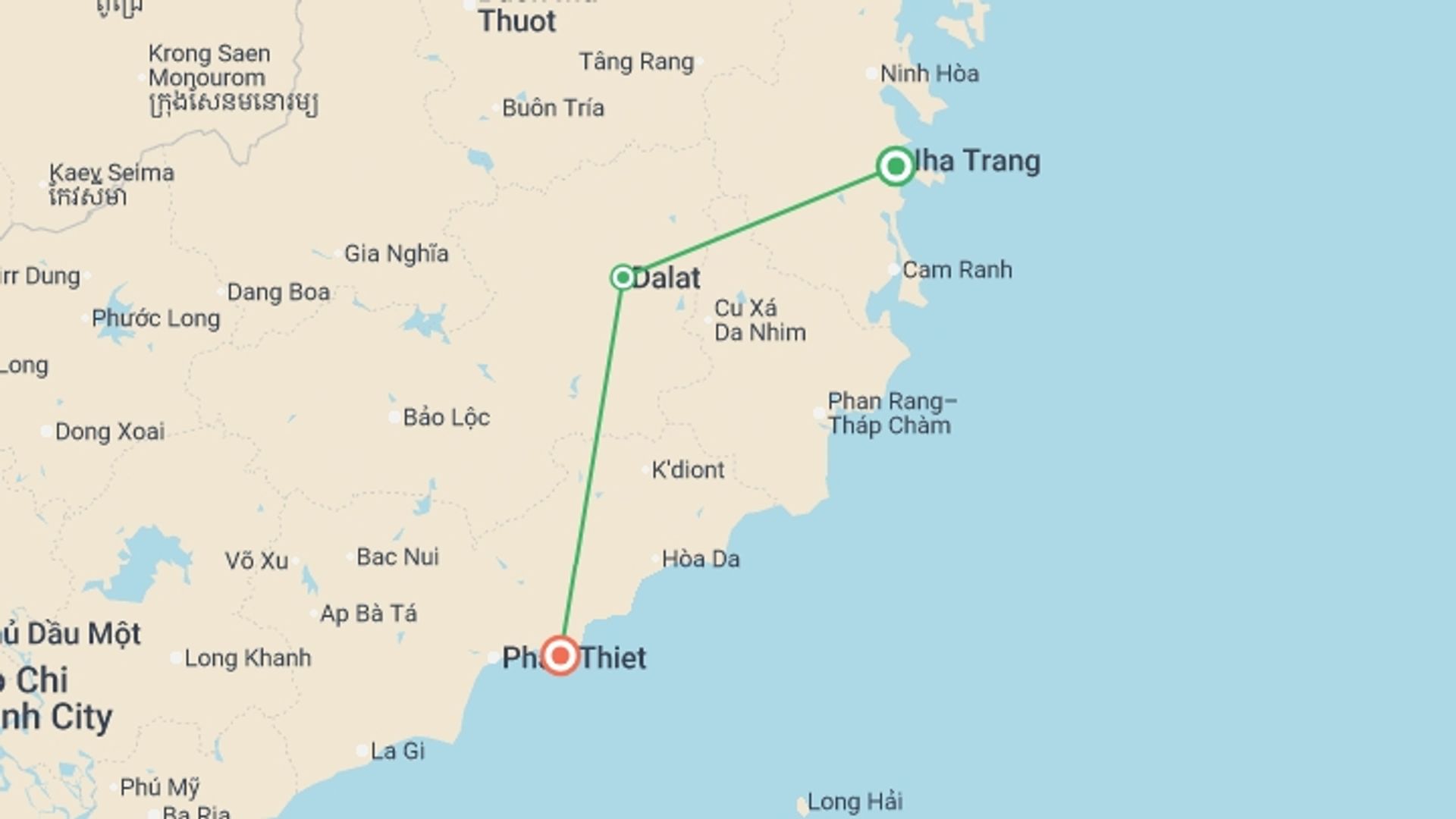 A map showing the tour itinerary for the trip: Mountain to Coast Bike Experience 2D/1N, starting in Nha Trang, Vietnam and ending in Mui Ne, Vietnam going through 1 other destinations.