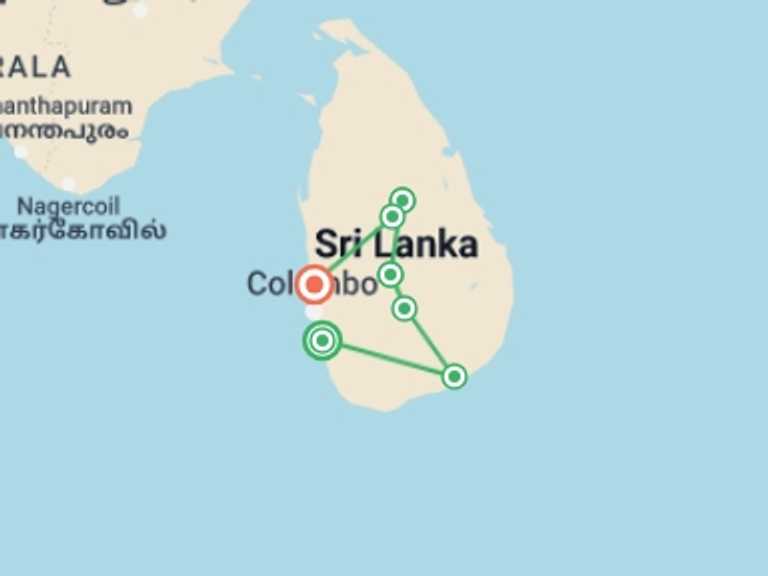 Map of Sri Lanka Tour with 4 destination visits for the trip: A Short Tour of Sri Lanka