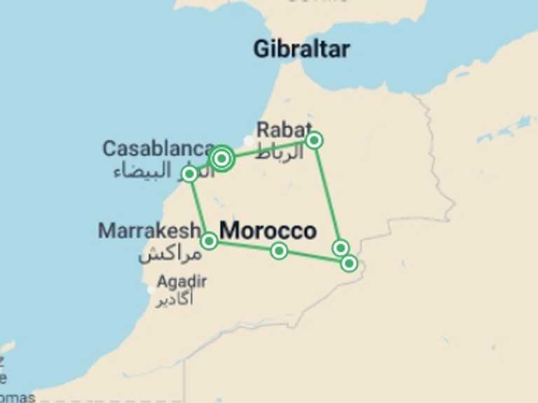 Map itinerary of Morocco Tour in July 2027 with 7 destination visits for the trip: Best of Morocco