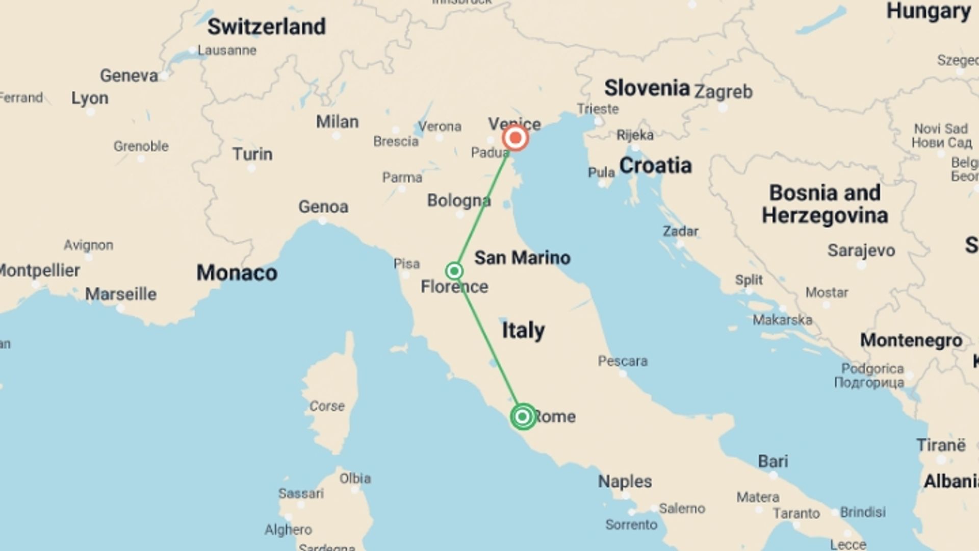A map showing the tour itinerary for the trip: Best of Rome, Florence & Venice, starting in Rome, Italy and ending in Venice, Italy going through 3 other destinations.