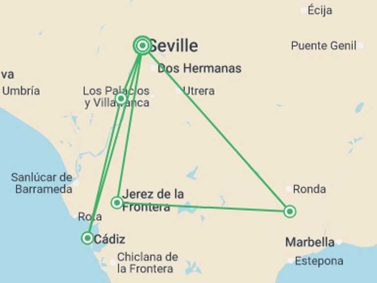Map itinerary of Europe Tour in Winter with 5 destination visits for the trip: The Jamón Ibérico Route and the Pueblos Blancos - Amazing Andalusia: Enchanting Traditional Architecture and Fabulous Cuisine (port-to-port cruise)