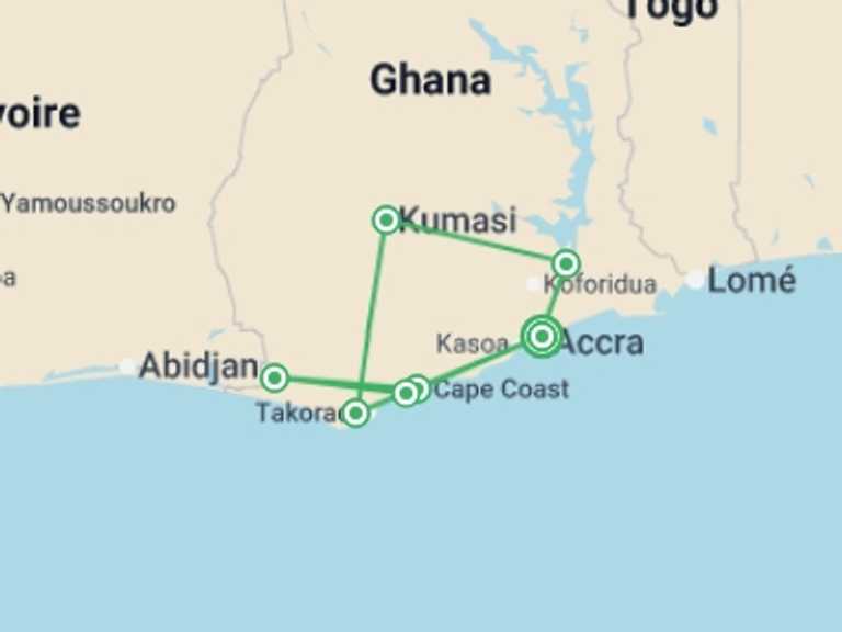 Map of West Africa Tour with 7 destination visits for the trip: Complete Ghana: The Beauty of Travelling West Africa