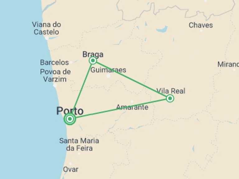Map of Porto Wine tasting Tour with 4 destination visits for the trip: Northern Portugal 4 Day Tour