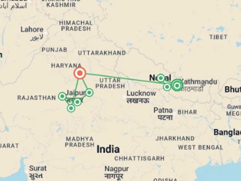 Map of New Delhi Explorer Tour with 8 destination visits for the trip: Nepal, Taj & Tigers - 18 days