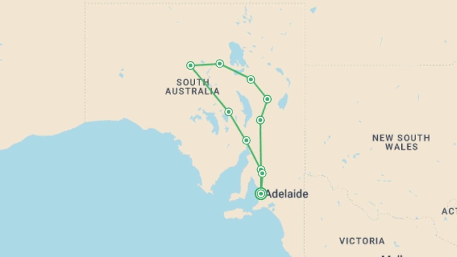 A map showing the tour itinerary for the trip: South Australia Outback Adventure, starting in Adelaide, Australia and ending in Adelaide, Australia going through 6 other destinations.