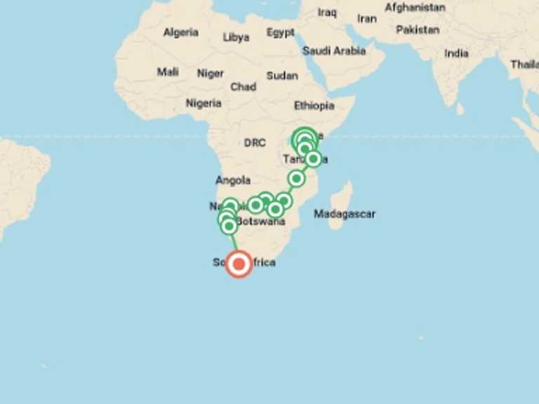 Map of Marangu Tour with 17 destination visits for the trip: Nairobi To Cape Town (56 Days) Coast To Coast