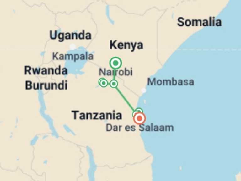 Map of Nairobi National parks Tour with 8 destination visits for the trip: Savannahs & Sands