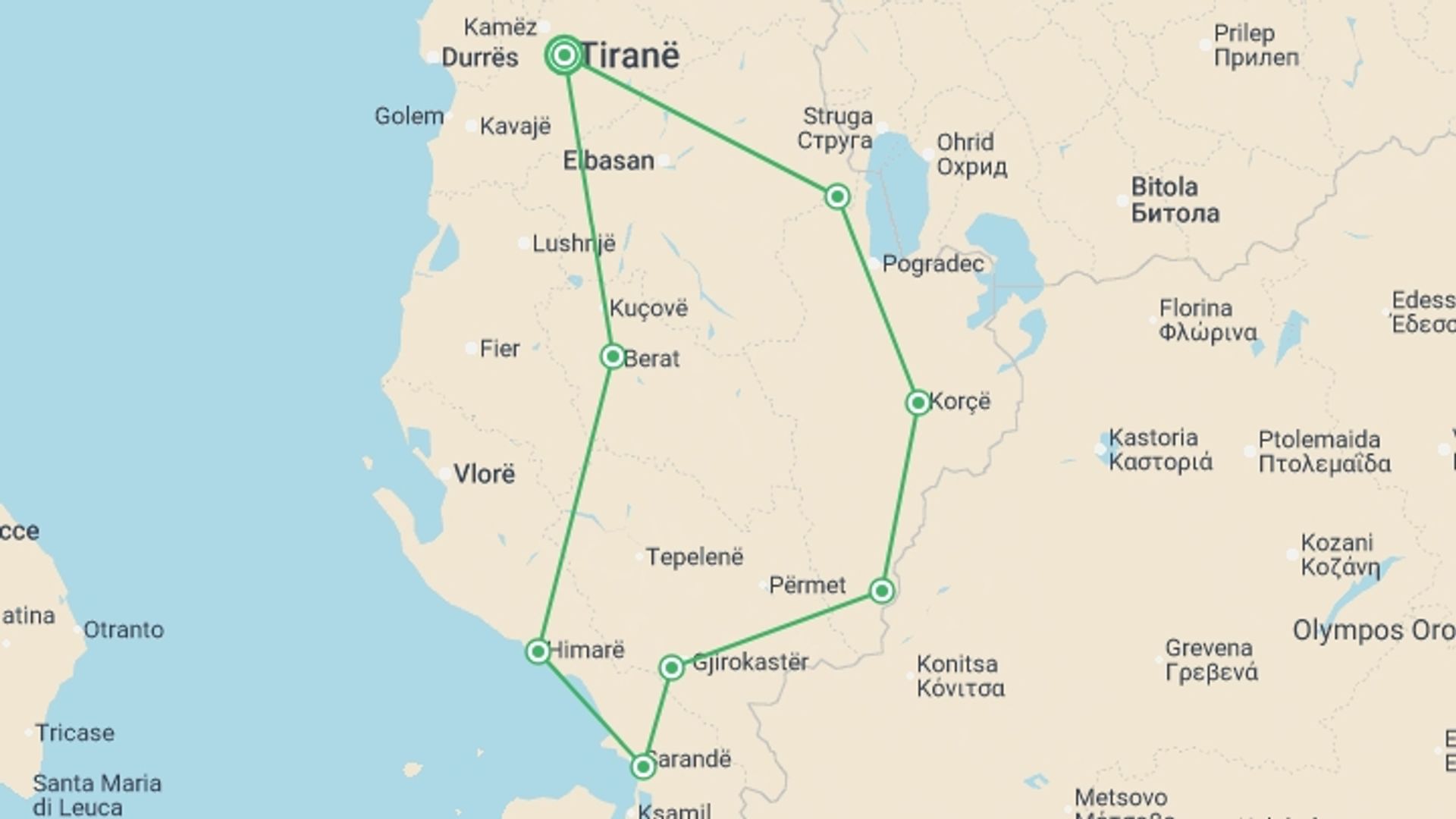 A map showing the tour itinerary for the trip: Cycle Albania, starting in Tirana, Albania and ending in Tirana, Albania going through 6 other destinations.