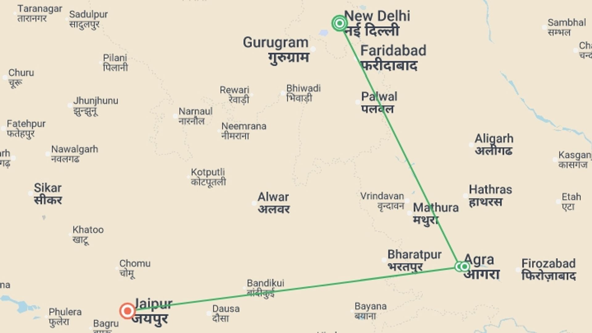 A map showing the tour itinerary for the trip: India Golden Triangle Express - 6 days, starting in undefined, India and ending in undefined, India going through 0 other destinations.