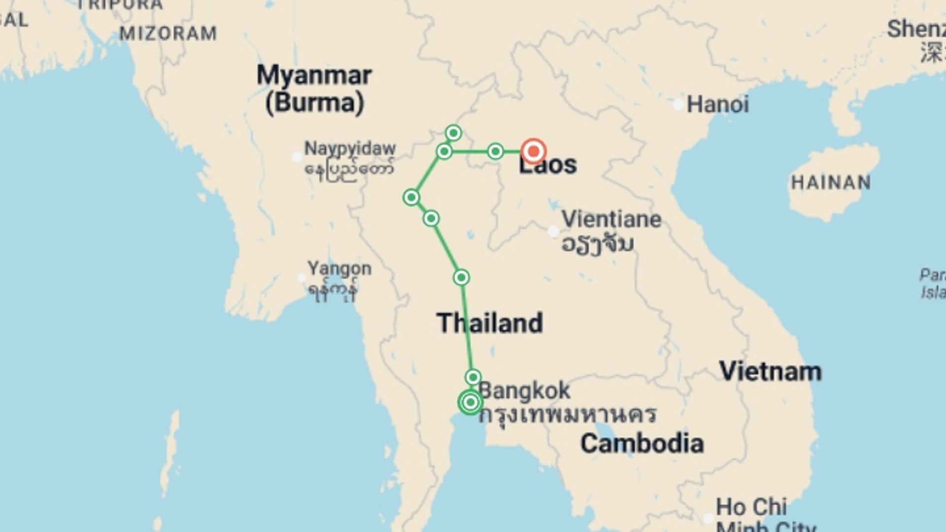 A map showing the tour itinerary for the trip: Temples of Thailand and the Essence of Laos, starting in Bangkok, Thailand and ending in Luang Prabang, Laos going through 5 other destinations.