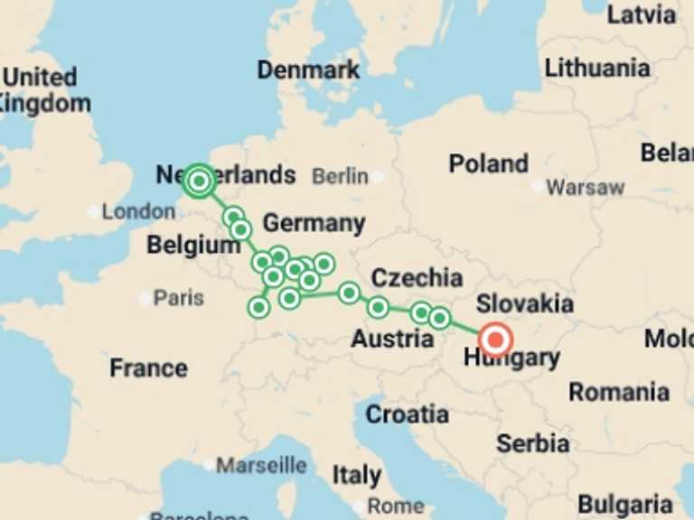 Map of Europe Tour with 15 destination visits for the trip: Cruise across Europe from Amsterdam to Budapest (port-to-port cruise)