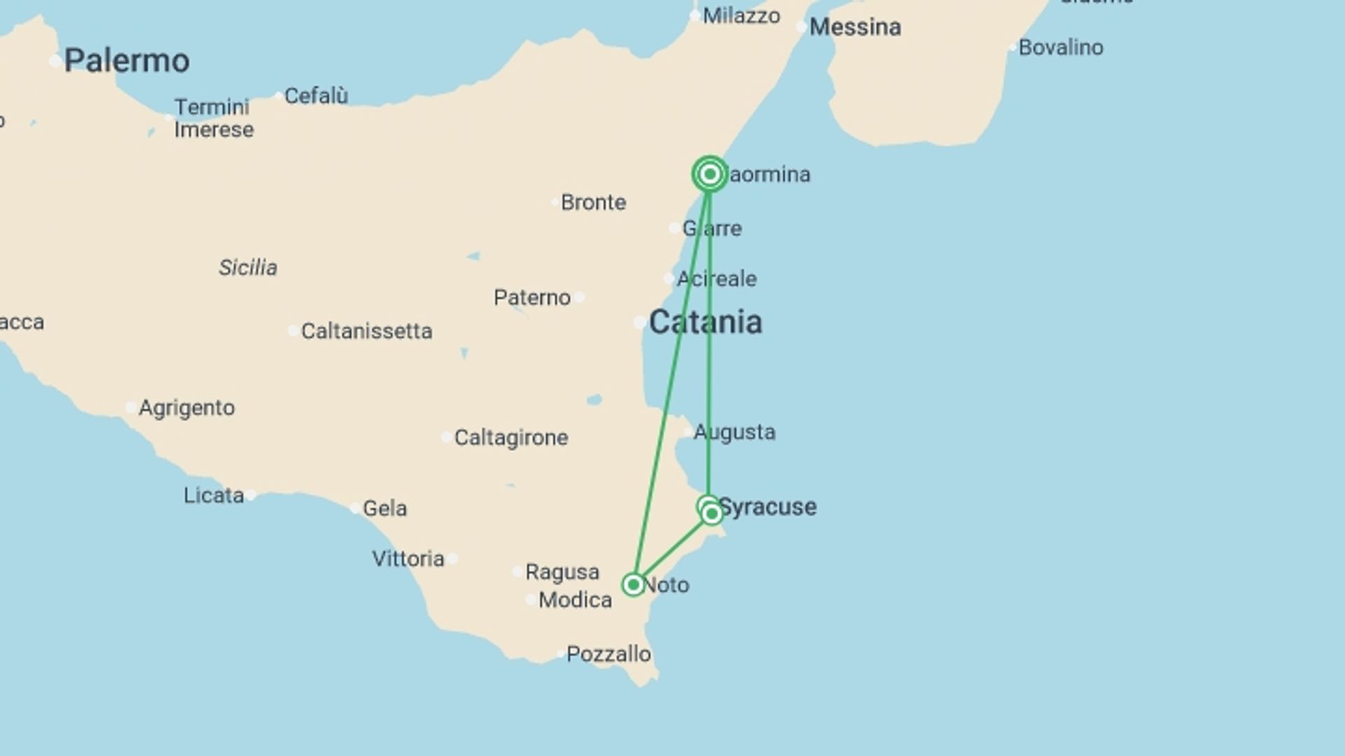 A map showing the tour itinerary for the trip: Discovering Taormina, starting in Taormina, Italy and ending in Taormina, Italy going through 0 other destinations.