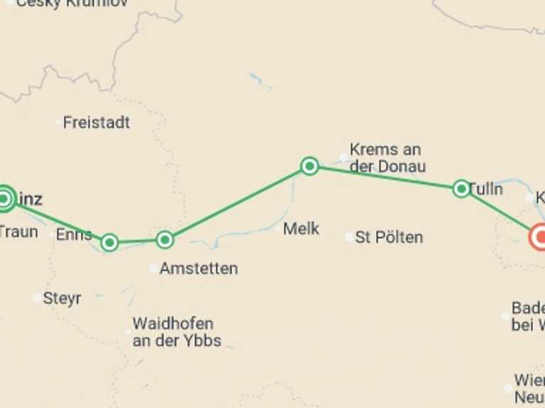 Map itinerary of Europe Tour in April 2026 with 6 destination visits for the trip: Danube Family Cycle Adventure