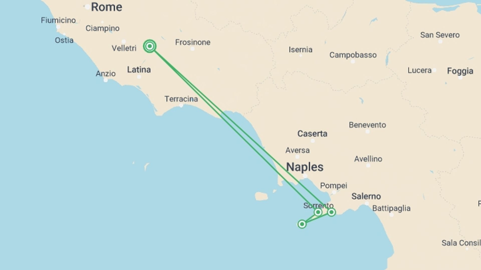 A map showing the tour itinerary for the trip: Jewels of the Amalfi Coast, starting in Lazio, Italy and ending in Lazio, Italy going through 4 other destinations.