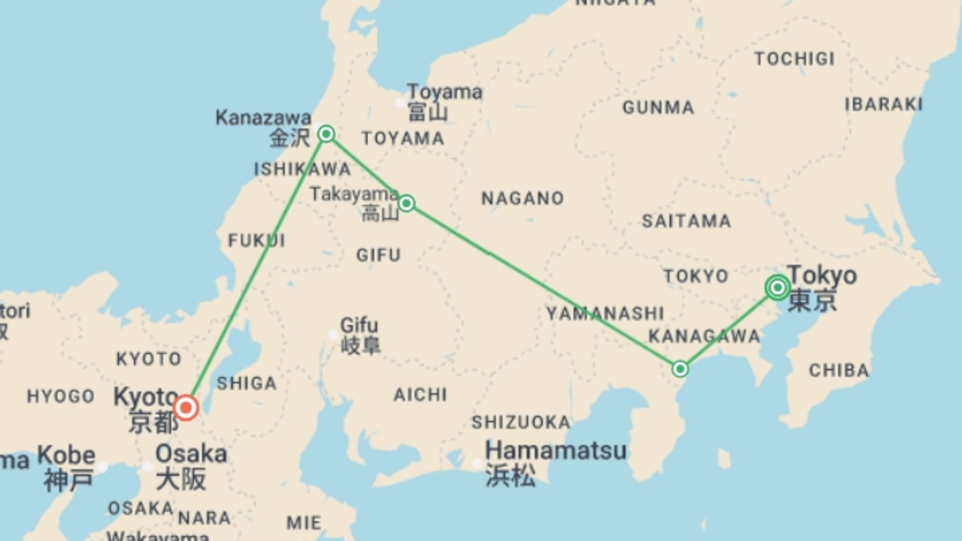 A map showing the tour itinerary for the trip: Cultural Treasures of Japan , starting in Tokyo, Japan and ending in Kyoto, Japan going through 3 other destinations.