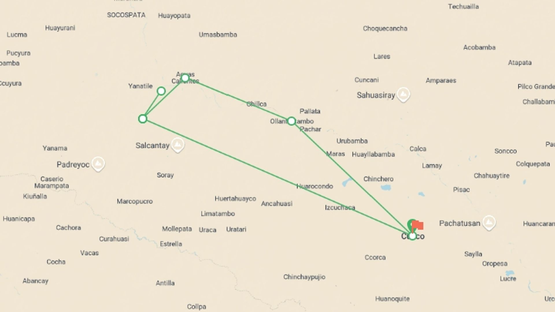 A map showing the tour itinerary for the trip: Eco Quechua Jungle Lodge Adventure 4D/3N, starting in Cusco, Peru and ending in Cusco, Peru going through 2 other destinations.