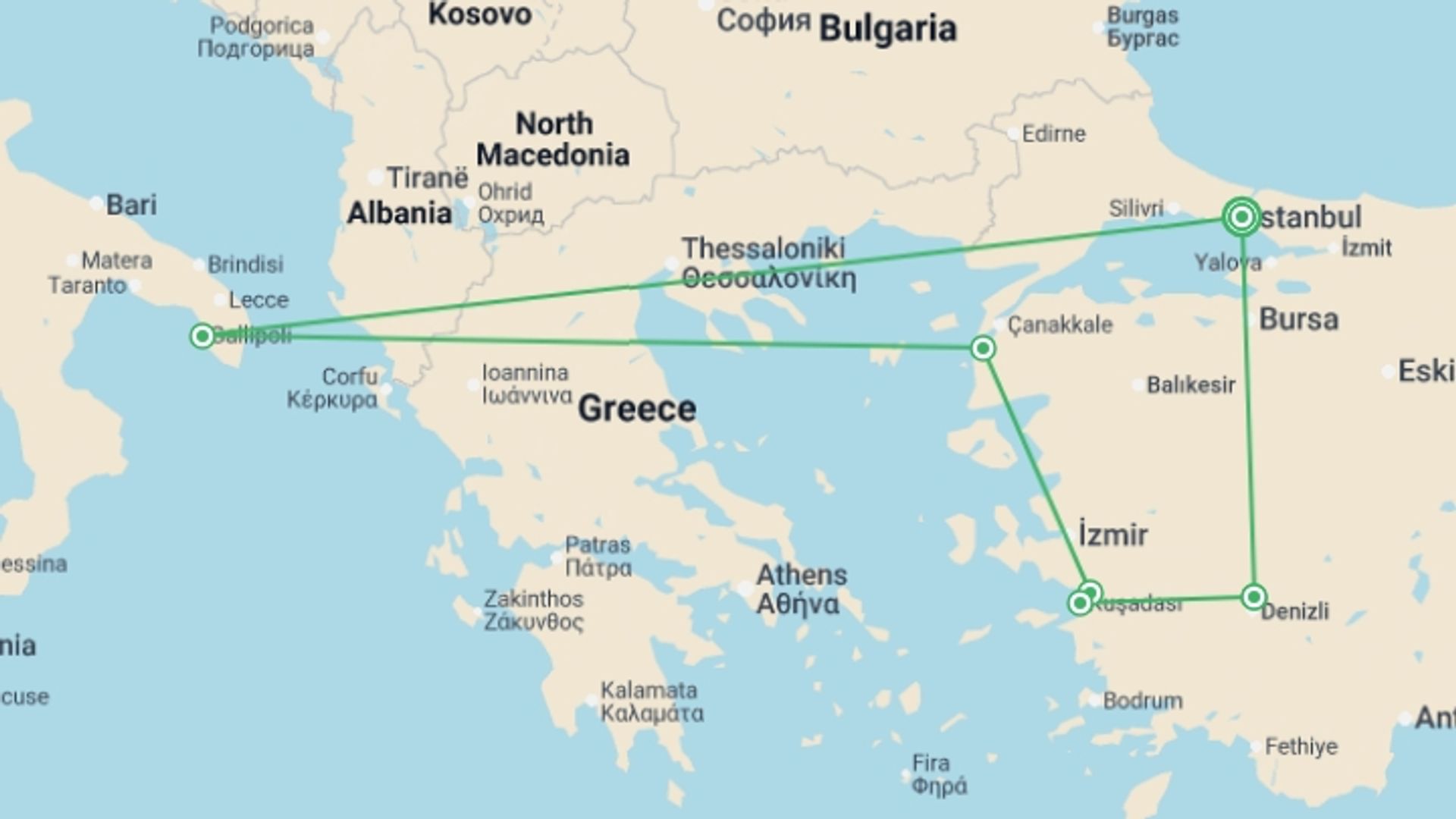 A map showing the tour itinerary for the trip: Private Aegean Delight Tour, starting in Istanbul, Turkey and ending in Istanbul, Turkey going through 4 other destinations.