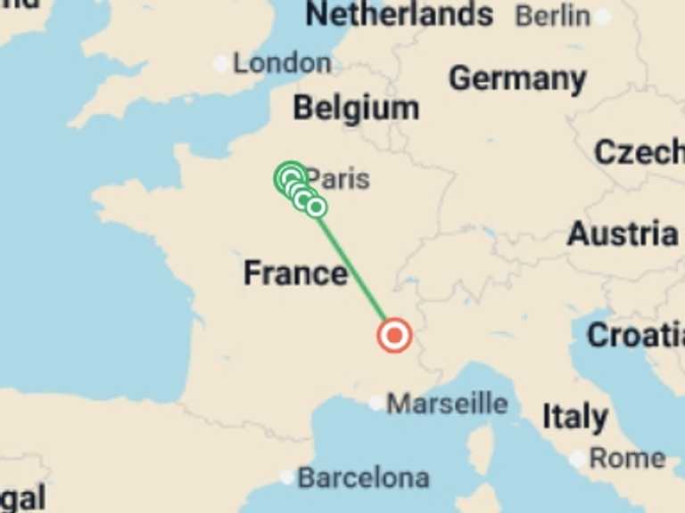Map itinerary of Europe Tour in April 2027 with 7 destination visits for the trip: Revisit France's Past, its Royal Sites, and Medieval Cities during a Historic Cruise on the Petite Seine  (port-to-port cruise)